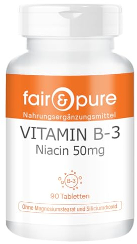 Fair & Pure Vitamin B3 Niacin 50mg, 90 Tabletten, schluckfreundlich, Nicotinamid, flush-free, Nahrungsergänzungsmittel vegan ohne Magnesiumstearat, in Deutschland hergestellt