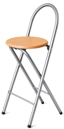 KMH® Barhocker Bill 1er-Set klappbar mit Lehne & Fußstütze – Silber/Buche | 73 cm Sitzhöhe, fertig montiert, platzsparend klappbar mit Stahlgestell & MDF-Sitz im Buchendekor – für Küche, Bar & Events