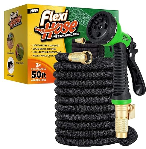 Flexi-Hose mit 8-Funktions-Düse, erweiterbarer Gartenschlauch, leichter und knickfreier flexibler Gartenschlauch, 3/4-Zoll-Armaturen aus massivem Messing und doppelter Latexkern, 50 Fuß, Schwarz