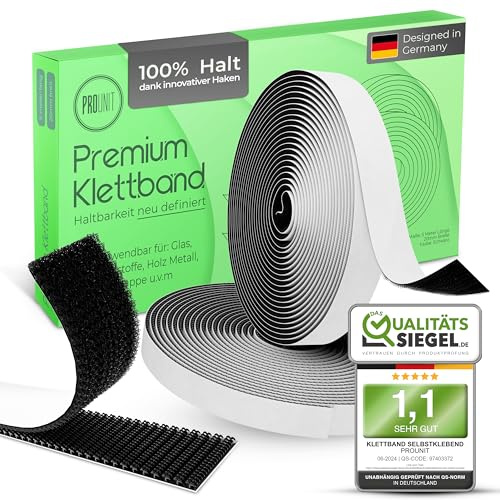 ProUnit® Klettband selbstklebend Extra Stark (5m x 20mm Schwarz) Vielseitig einsetzbar. Klettverschluss selbstklebend klebe Klettband Klett Klebeband