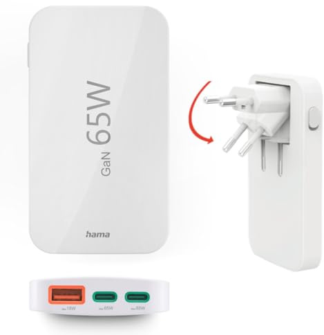 Hama USB C Ladegerät (Schnellladegerät 65 Watt, Ladestecker für Steckdose 2X USB-C, 1x USB-A, für Handy, Laptop, Tablet, unterstützt Power Delivery, Mehrfach USB-Ladegerät mit GaN-Technologie) weiß