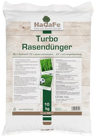 1 x 10kg HaGaFe TURBO Rasendünger mit 30% Stickstoff, Rasen – Dünger mit 120 Tage Langzeitwirkung, Stickstoffdünger, Dünger, sattes, dichtes Grün in einer Woche, 10kg für 500m²