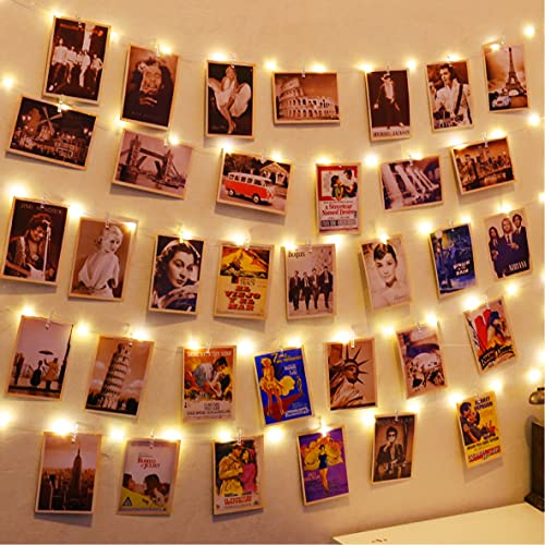 HXWEIYE 120 LEDs Fotoclips Lichterkette, 40ft USB, 8 Modi & Timer | Fernbedienung, 52 Klammern, 12 Haken an der Wand, Für Bilder Zimmer Weihnachten Hochzeiten (Warmweiß)