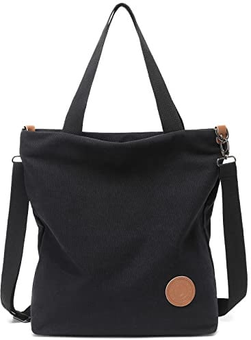 JANSBEN Damen Canvas Handtasche Schultertasche Strandtasche Casual Multifunktionale Umhängetaschen Groß für Arbeit Schule Shopper Lässige täglich (Schwarz)