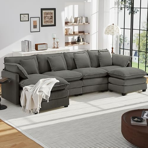Urhanherry Sofa U Form, Bequeme Cloud Couch 6 Sitzer mit 2 Ottomane Sektionssofa, Atmungsaktivem Chenille-Stoff, Couch für Wohnzimmer Schlafzimmer, Dunkelgrau