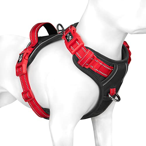 PHOEPET Hundegeschirr Mittelgroße Hunde, Anti Zug Verstellbar,Schwarz M | No Pull & Vollständig Verstellbar,2 D-Ringe,Schnellverschluss-Schnallen,Atmungsaktive Polsterung,Reflektierend,Mit Griff
