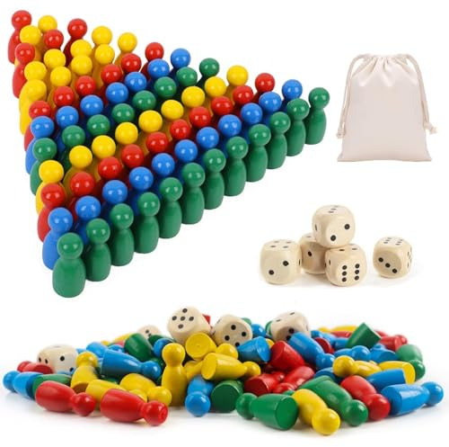 4 Farben 160 Stücke Holz Spielfiguren für Brettspiele Spielsteine Bunte Schachfiguren Halma Spiel mit 16 Würfel Inklusive Aufbewahrungstasche Klassisches Design Geeignet für Mehrspieler-Brettspiele