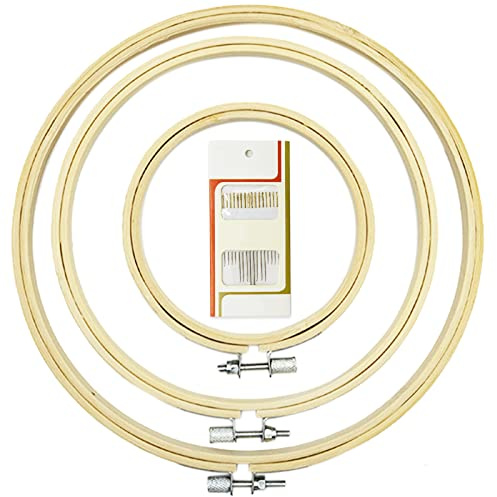 3 Stück 3 Größen runder Bambus-Stickrahmen Kreis Kreuzstich Hoop Ring zum Basteln Nähen, mit Goldöhr-Sticknadeln, LAMXD Stickrahmen