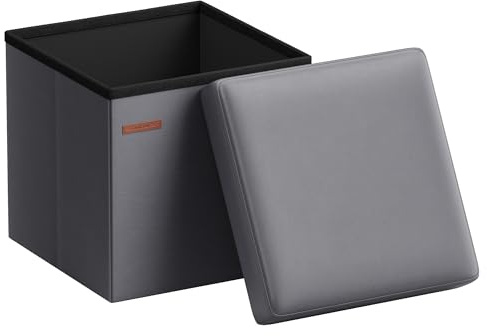 SONGMICS Sitzhocker 38 cm, Aufbewahrungsbox faltbar, Fußhocker mit Deckel, aus Kunstleder, bis 300 kg belastbar, für Eingang, Wohnzimmer, Schlafzimmer, schiefergrau LSF010G01