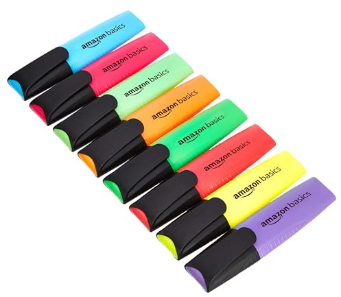 Amazon Basics Textmarker 8er-Set, wischfest, langlebige Meißelspitze, Strichstärke 2–5 mm, Stifte für Erwachsene und Kinder, mehrfarbig