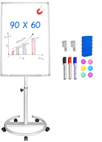 maxtek Flipchart Ständer, 90x60cm Flipcharts Whiteboard, Aluminiumrahmen Haken Verschieben Flipchart Papier, Magnetisch Beschreibbare Höhenverstellbar, Radierer, Markern und Magneten