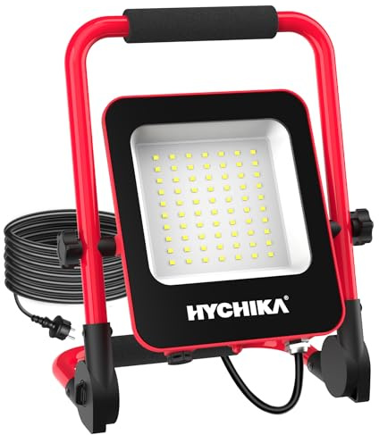 HYCHIKA LED Baustrahler, 50W 5500LM Arbeitsleuchte, IP65 Wasserdicht, 3M Kabel, Tragbar für Werkstatt, Baustelle, Garage, 6500K, Rot