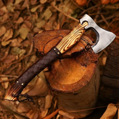 CraftTal-Wikingeraxt handgefertigt mit lederumwickeltem,48 cm EschenholzGriff,Klinge aus 1095 Kohlenstoffstahl, 11,5 cm Klingenschneide, 15 cm Klingenbreite LARP Geschenkbar