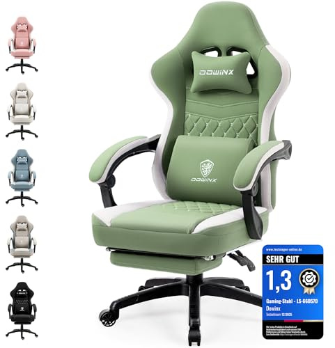 Dowinx Gaming Stuhl Stoff mit Taschenfederkissen, Höhenverstellbare Kopfstütze, Gaming Sessel mit Fußstütze, Ergonomischer PC Stuhl Gamer Stuhl Bürostuhl 150 kg, Grün