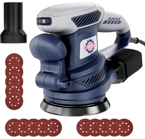 HeroJet Exzenterschleifer 450W mit Bremse, 125mm Schleifmaschine für Holz mit Staubabsaugung, Schleifmaschine mit Verstellbarem Griff, 15 Schleifpapier, 6 Geschwindigkeiten 13000 U/min