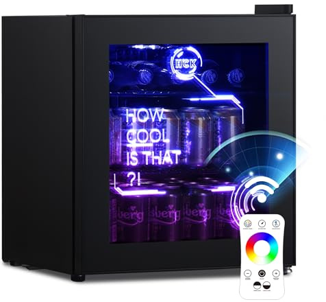HCK 48L Mini Kühlschrank mit Glastür Leise 39dB, Cyberpunk Getränkekühlschrank mit Fernsteuerbaren RGB LED Lichtern, Flaschenkühlschrank, Mini Fridge 0-15°C für Gaming Deko, Minibar, Schwarz
