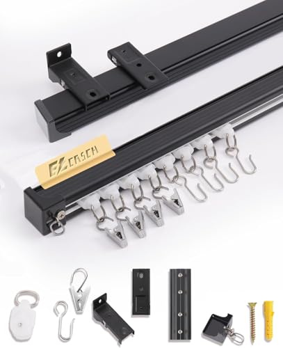 Ezcasch 2.5m Aluminium Vorhangschiene 1 läufig Gardinenschiene(Schiene x 3) | Aluminium Schwarz Vorhangschiene,Decken- und Wandmontage,mit Komplettes Zubehör, 1 läufig Gardinenschiene Set für Raumteiler