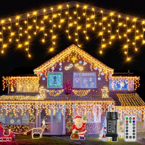 Ollny Eisregen Lichterkette Außen 15M 600 LED Warmweiß Timer dimmbar | Weihnachtsbeleuchtung Außen mit Stecker Fernbedienung Wasserdicht 8 Modi für Balkon Dachrinne Fenster Haus Geländer