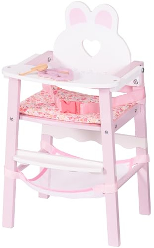 ROBUD Puppenstuhl aus Holz – Hochstuhl für Puppen mit Sicherheitsgurt, Teller & Zubehör – Puppenmöbel zum Rollenspiel für Kinder ab 3 Jahren