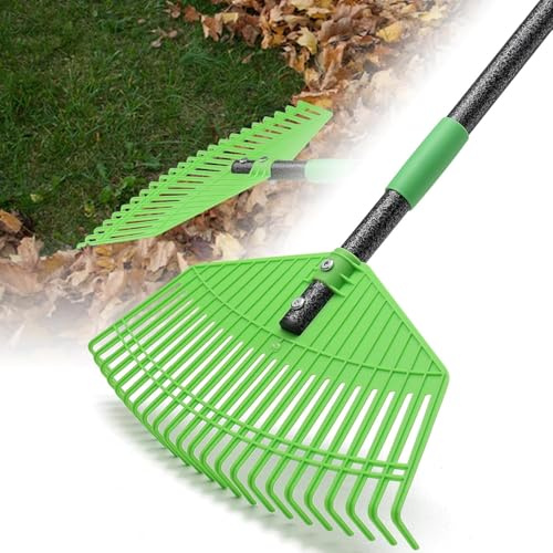 Rechen, 107cm Laubrechen mit Verstellbar Stiel - 42cm Große Fläche Gartenrechen Laubharke aus Kunststoff mit Verstärkten 23Zinken, Rasenrechen zum Reinigen von Pflanzen, Rasen und Hof