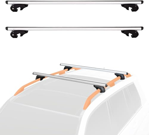 Amazon Basics Dachträger mit Querträger, 142 cm für Spannweiten von bis zu 126 cm zwischen erhöhten Seitenschienen mit Spalt, 2er-Pack, Schwarz/Silber