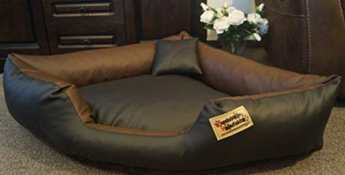 Hundebettenmanufaktur Hundebett Eckbett Hundesofa Schlafplatz Kunstleder Canto (70 cm X 70 cm, Schwarz Braun)