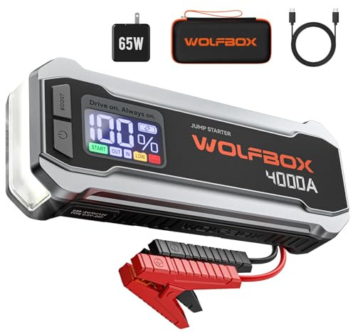 WOLFBOX Starthilfe Powerbank 4000A, 12V Auto Starthilfe (Bis zu 10L Benzin oder 10L Diesel) mit LED-Taschenlampe, großen Bildschirm,Starthilfekabel, Autobatterie Booster für SUV, LKW, Motorräder
