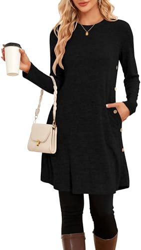 NARRAME Pullover-Kleider für Damen, Winter, langärmelig, Kausale Knöpfe, seitliches Tunika-Pullover-Kleid mit Taschen