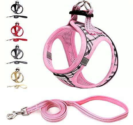 Suredoo Hundegeschirr Kleine Hunde mit Leine, Anti Zug Geschirr Reflektierend Atmungsaktiv Brustgeschirr, Welpengeschirr für Kleine Hunde (Rosa Kariert, S, Brust: 29-33cm)