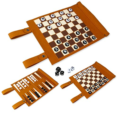 Andux Rollbares Brettspiel Tragbares Reise-Schachset PGSLQ-01 (3-in-1) | Aufrollbares Schachbrett, Figuren aus Kunststoff, für Erwachsene und Jugendliche, für die Freizeit nach der Schule