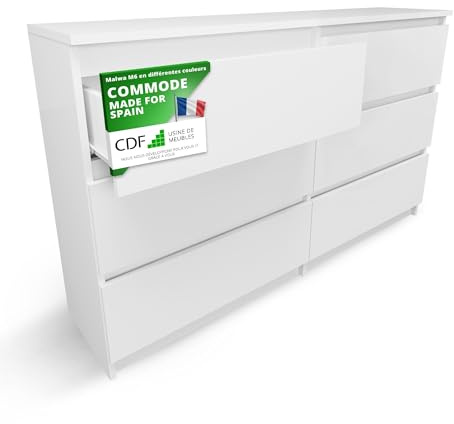 CDF Kommode Weiß mit 6 Schubladen 30 cm Tief Komodenschrank Komode für Wohnzimmer Schlafzimmer Schubladenschrank Malm Kommode viel Stauraum Geeignet Organizer Kleidung 120 cm Breite Modern Look
