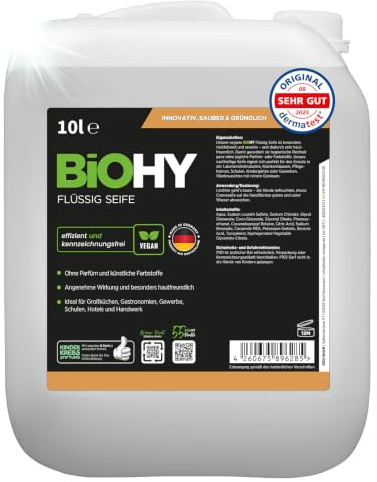 BiOHY Flüssigseife Nachfüllpack Handseife phosphatfrei (10 Liter Kanister) | Hautschonend und rückfettend, ohne Parfüm und Farbstoffe, für Spender in Spülküche, Werkstatt und Sanitärbereich