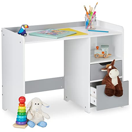 Relaxdays Schreibtisch Kinder, HBT 60 x 80 x 38 cm, 2 Schubladen, weiß/grau | offenes Fach, Tischrand, Kinderschreibtisch
