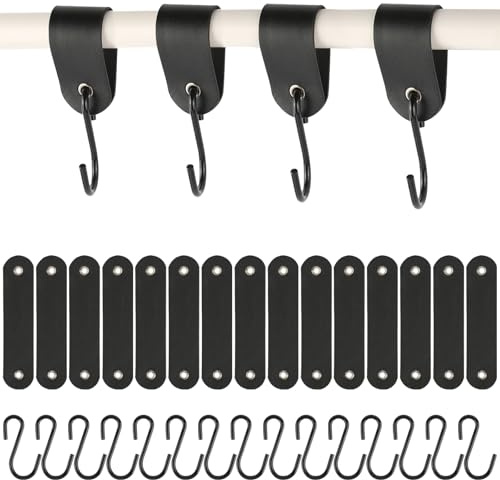YONGQING 15 Stück Haken mit Lederschlaufe, Edelstahl S Haken Schwarz, 12,5 * 3cm Haken zum Einhängen,Kleiderhaken für Garderobe und Camping