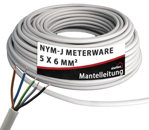 siwitec NYM-J 5 x 6 mm2, Mantelleitung, Installationskabel, Feuchtraumkabel in grau, exakt zugeschnittene Meterware in Profi-Qualität, Länge (aktuelle Auswahl) = 2 m