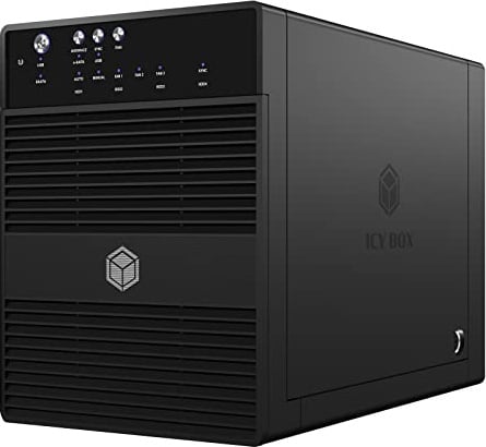 ICY BOX 4-fach Externes Festplattengehäuse für 3,5 Zoll SATA I,II,III Festplatten, USB 3.0 (UASP) & eSATA Anschluss, 80 mm Smart-Lüfter, JBOD (Single Modus), Standby, schwarz