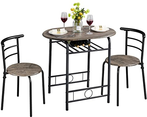 Yaheetech Essgruppe für 2 Personen, 1 Esstisch mit 2 Stühle, Küchentisch mit Ablagefach, Stahlgestell Tischgruppe für Küche, Wohnzimmer, Balkon, Restaurant, 80 x 53 x 75,5 cm, Drift Braun