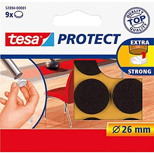 tesa Protect Filzgleiter - 9 Stück - Durchmesser 26 mm - Braun | Runder Möbelgleiter für Stühle, Tische und andere Möbel - schützt empfindliche Untergründe wie Parkett oder Laminat