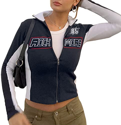 L&ieserram Damen Zip Up Kurze Jacke Vintage College Baseball Jacke Crop Sweatjacke Übergangsjacke Sweatshirt ohne Kapuze Y2K Aesthetic Clothes Frühling Herbst