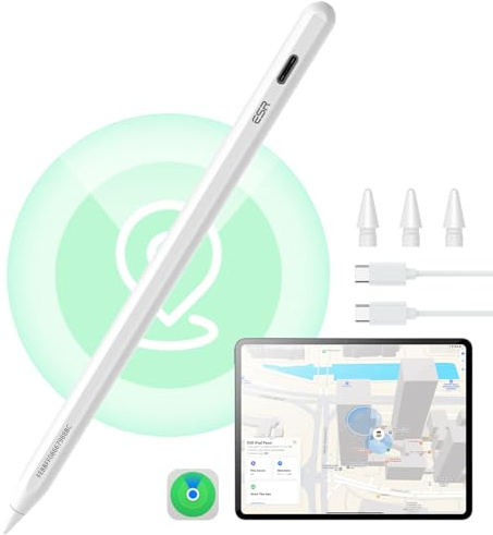 ESR Find My Stift für Apple iPad 2018-2026, Digital Pencil Pro mit „Wo ist?“ Funktion & Neigungssensitivität für iPad A16/10/9/8 & Air 13/11 & Pro 12.9/13/11 & Mini 7/6/5, Weiß(kein kabelloses Laden)