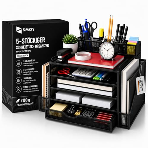 Smoy® Schreibtisch Organizer Metall – Büro Organizer mit Schubladen & Fächern für Stifte, Papier & Dokumente – Multifunktionale Ablagefächer, Briefablage &Dokumentenablage – Desk Organizer Schwarz
