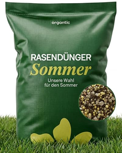 Organtic Sommerrasendünger 5kg, Hochwirksamer Dünger für sattgrünen Rasen, ideal bei Sommerstress, bekämpft Moos, niedriger Staubgehalt, geeignet für Streuwagen