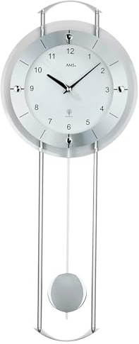 AMS Pendelwanduhr 5254, Funk, mit Silberlackierten Metallstäben, Aluminiumfrontreif und Mineralglas, Arabische Ziffern, 24 x 60 x 6 cm
