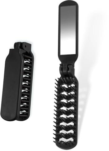 Reisebürste mit Kleiner Spiegel, Schwarz Mini Haarbürste Faltbare Reise Haarbürste Kompakt Reisegröße Damen Brush Klappkamm Bartkamm für Damen Herren Frauen