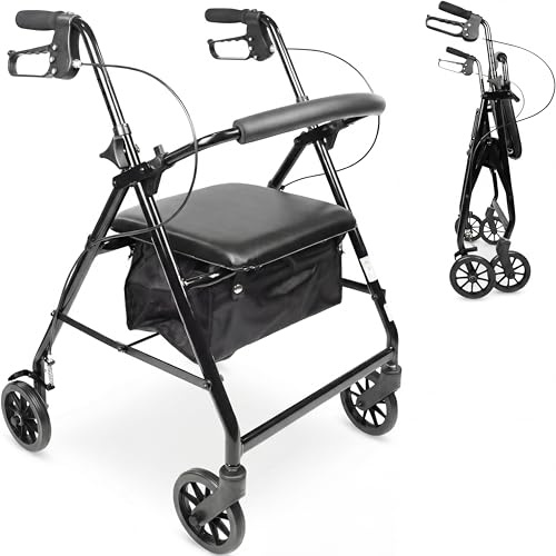 PEPE Mobility Rollator faltbar leicht mit Sitz, schmal für Wohnung, Schwarz | Indoor Gehwagen aus Aluminium mit nur 6 kg, Korb und klappbare Rückenlehne, Griffe in 8 Stufen verstellbar, Vollgummireifen
