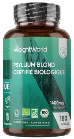 WeightWorld Bio Flohsamenschalen Kapseln - 3 Monate Vorrat - Glutenfrei | 1400 mg pro Portion, 180 vegane Kapseln, Psyllium Husk, Ohne Gentechnik, Zertifiziertes Bio Flohsamenschalenpulver