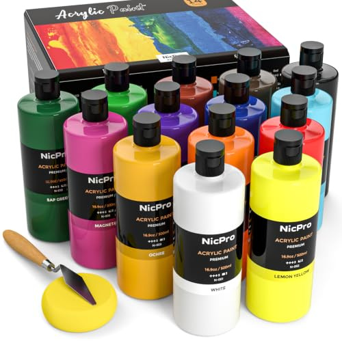 Nicpro Acrylfarben Set 14 Stück x 500 ml, Große Flasche Acrylfarbe in 14 Farben, Reichhaltige Malfarben, ungiftige künstler Acrylfarben Set für Viele Oberflächen, Leinwand, Holz, Leder, für Erwachsene