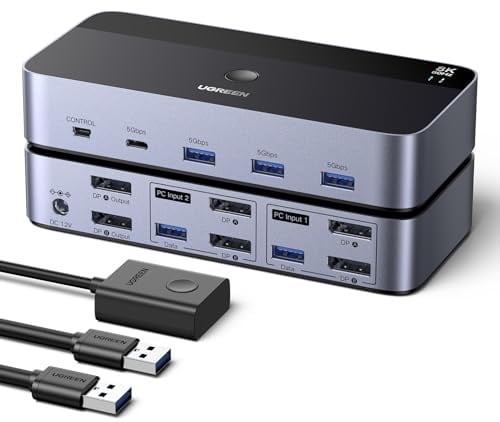 UGREEN Displayport KVM Switch 2 PC 2 Monitore 8K60Hz mit 4 USB 3.0 Ports | KVM Umschalter NUR mit DP-Anschluss Bis zu 8K60Hz 4K240Hz 4 USB Ports für Tastatur, Maus, U-Disk Kompatibel mit Windows/Linux