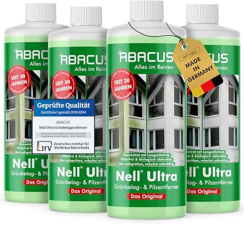 ABACUS® Nell Ultra Grünbelagentferner & Algenentferner Konzentrat, extrem stark! Entfernt Grünbelag & Algen selbsttätig ohne zu Schrubben – für Stein, Fassade, Terrasse, Dach – Nell Ultra 4x 1000 ml