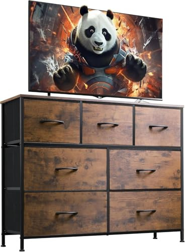 WLIVE Kommode mit 7 Schubladen aus Stoff, Kommodenschrank für Schlafzimmer, Kommode Wohnzimmer, mit Stabiler Stahlrahmen, Vintagebraun-Schwarz